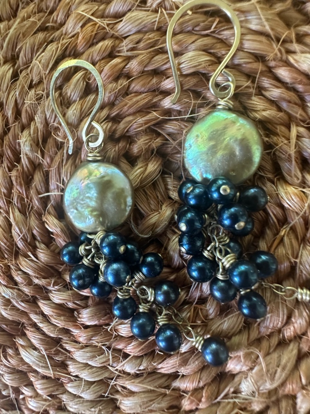 Handmade Gold and Peacock Black Pearl Cluster Drop Earrings